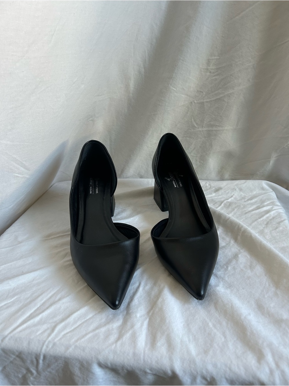 Black Pointed Toe Low Block Heel Pumps